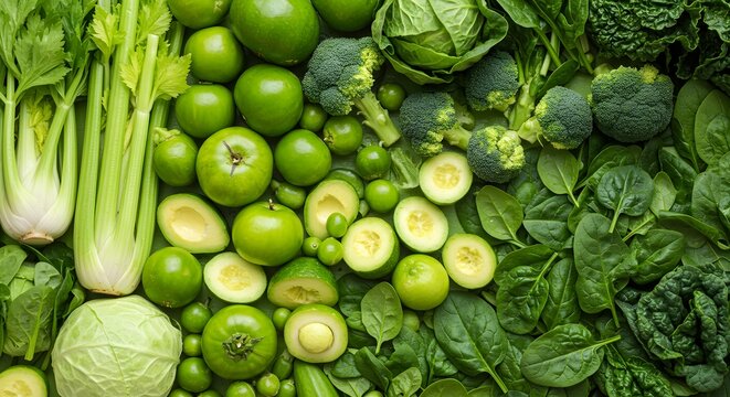 A vibrant assortment of fresh green vegetables and fruits arranged in a visually appealing composition showcasing nature's bounty