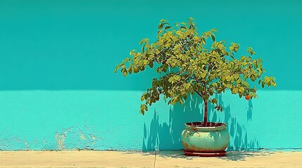 Obraz premium Small tree in a pot against a teal wall.