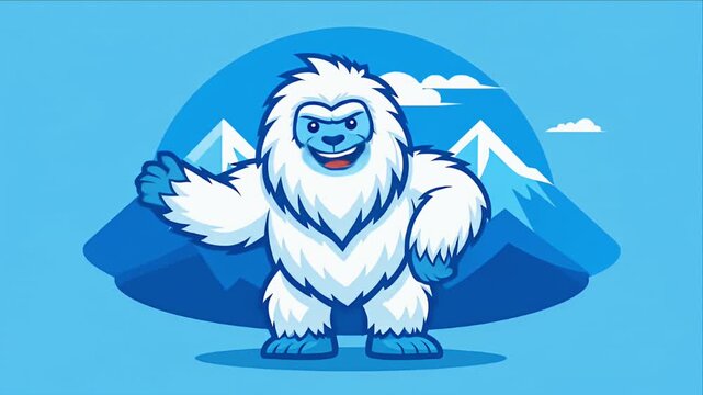 A cartoon yeti stands proudly with mountains in a blue and white scene