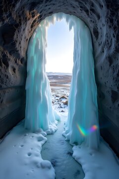 Frozen Icelandic Waterfall with Rainbow Refractions and Cylindrical Basalt Erosion Captured by Drone &ndash; Nature's Ice Sculpture Formed Over Millennia