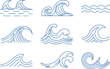 Obraz premium Nine illustrations of blue line art waves on a white background in various shapes and sizes
