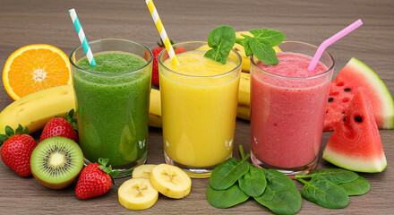 Assortment of Colorful Fresh Fruit Smoothies for a Healthy Diet