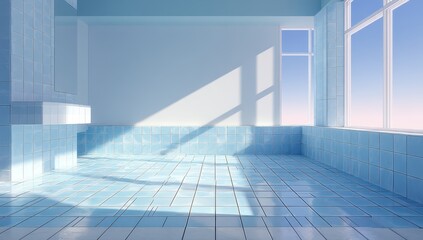 Fototapeta premium Light-filled, pastel blue bathroom with tiled walls and floor