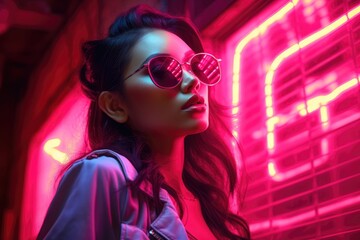 Woman in fashionable sunglasses under neon pink lights. Young female in stylish outfit for night fashion event. Creative portrait.