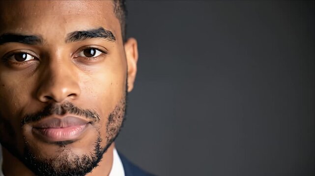 A detailed headshot of a man with brown eyes and a small beard