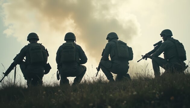 Silhouetted soldiers poised for action against a dramatic sky - Powered by Adobe