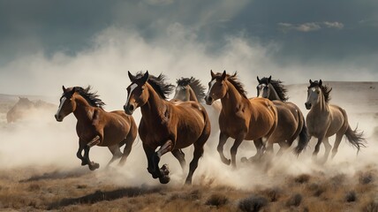 Wild horses running across an open prairie with dust clouds behind 3