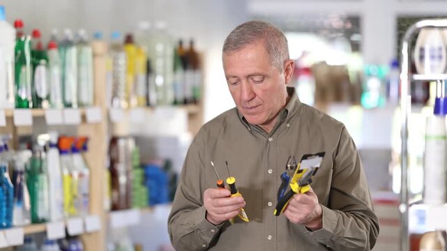 Elderly man holds various tools in his hands to repair a house. Senior man chooses screwdrivers and pliers in the household department of a hypermarket. High quality 4k footage