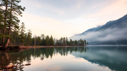 Obraz premium Calm lake reflecting trees and mountains under a hazy sky at dusk creating a serene landscape view