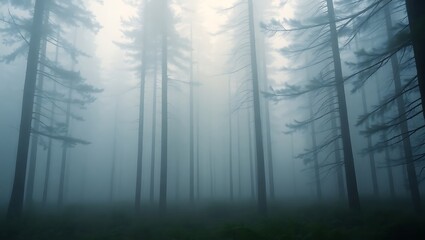 A foggy forest scene with tall trees silhouetted against the bright mist in the background