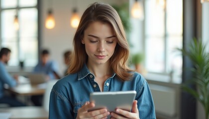 Young woman engrossed in reading on a tablet in a cozy cafe
