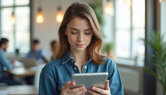Young woman engrossed in reading on a tablet in a cozy cafe