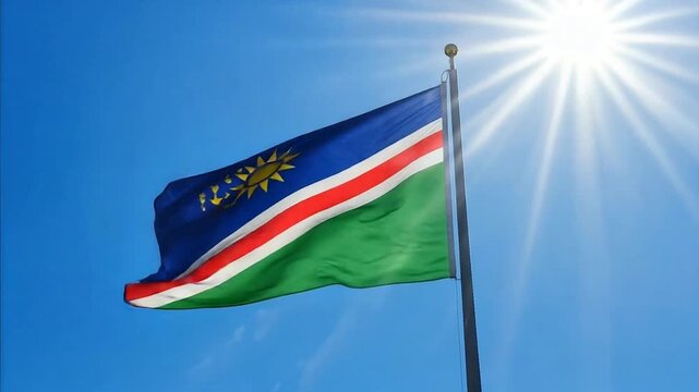 Namibia Flag Waving National Colors African Country Clear Sky Wind Motion