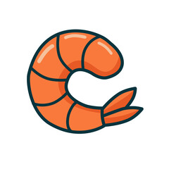 Flat cartoon shrimp vector icon in orange with clean outline. Perfect for seafood, culinary, or menu-related themes.