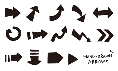 シンプルな手描き矢印セット（背景透過、PNG、黒、シルエット）