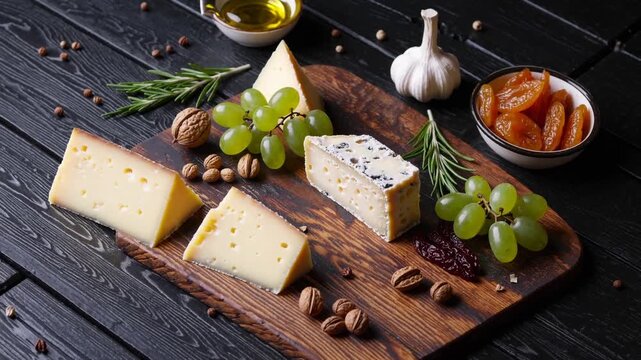 Delicious cheese platter with fresh fruits, nuts, and garlic on rustic wooden table