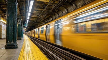 Yellow subway train speeding through a station.
