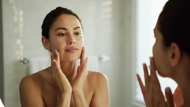 Bare Shouldered Woman Applies Cream to Face in White Bathroom Mirror Bathed in Soft Morning Light For Skin Hydration