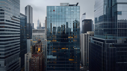 Obraz premium Solar Panels on Modern Office Building in Downtown New York with Urban Skyline, Overcast Morning Light and Glass Façade Reflections – Sustainable Energy Concept