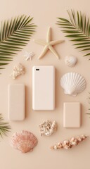 Beige power bank surrounded by seashells and palm leaves