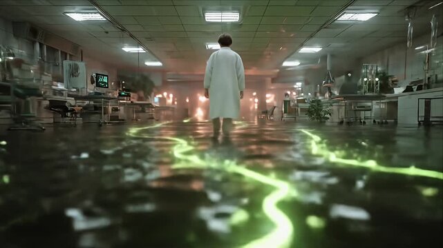 A person in white lab coat walks through an eerie flooded lab