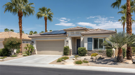 Fototapeta premium Modern California Home with Solar Panels, Palm Trees, and Blue Sky – Sustainable Residential Architecture and Renewable Energy Concept