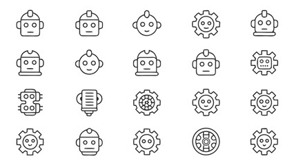 Artificial intelligence icons representing mechanical and intellectual ideas robot and gear icons set in outline style
