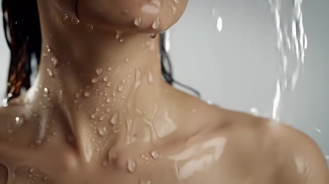 Close Up of Water Pouring Down a Young Woman's Neck and Shoulders in Vertical Portrait on Soft Grey Background