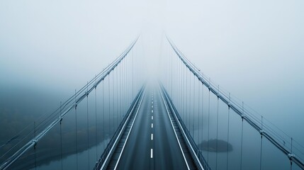 Obraz premium Misty suspension bridge spanning a body of water.