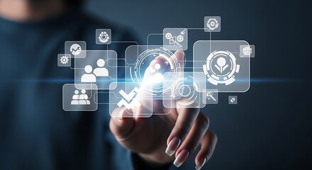 A person interacting with a digital interface showing various business related icons and connections