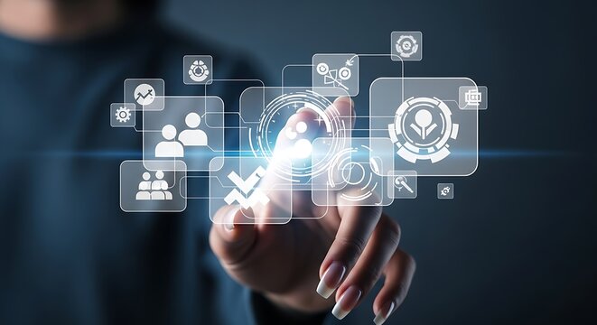 A person interacting with a digital interface showing various business related icons and connections