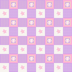 seamless minimal skull stamp and flower repeat pattern in pink and purple color plaid checkered background, flat vector illustration graphic design
