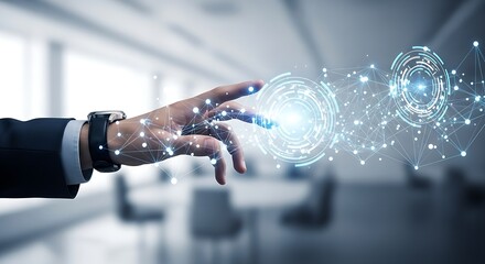 A hand interacting with digital holographic interface in a bright modern office environment setting