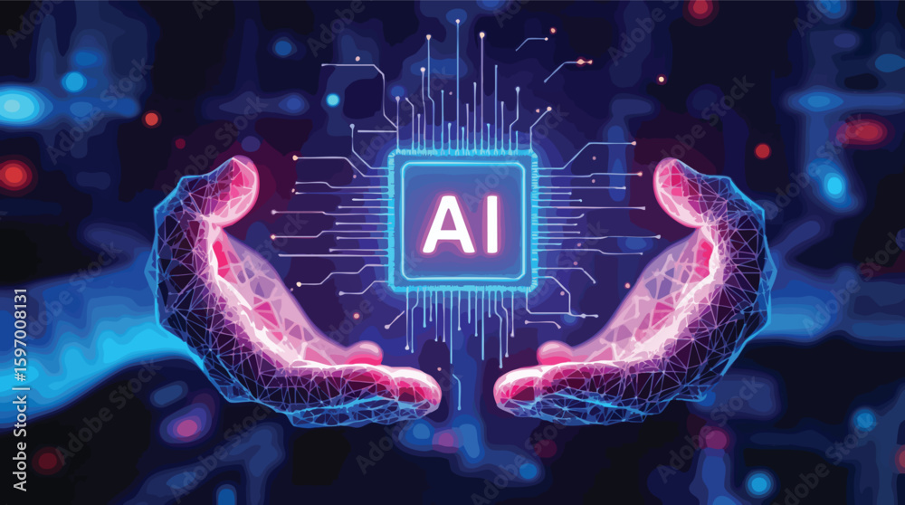 Poster futuristic ai concept with glowing hands embracing a central processing unit and artificial intellig
