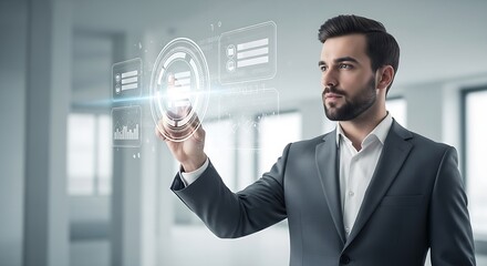 Businessman interacting with futuristic interface in office environment with digital display