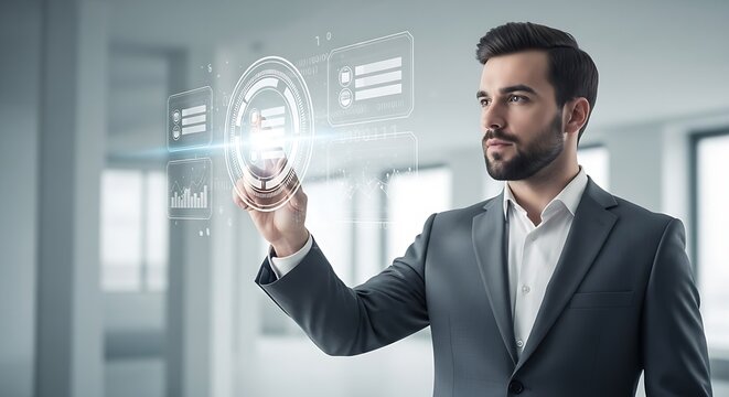 Businessman interacting with futuristic interface in office environment with digital display