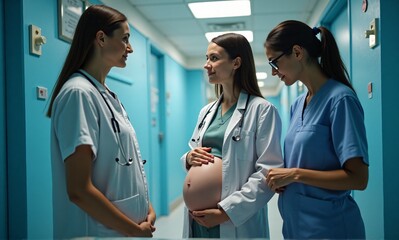 Three healthcare professionals, two in white coats and one in scrubs, gently attend to a pregnant woman in a hospital corridor. They share a supportive and caring moment.