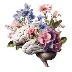 Human brain intertwined with vibrant flowers, symbolizing intellect and creativity, representing mental health, learning, and cognitive growth, and the beauty of the mind
