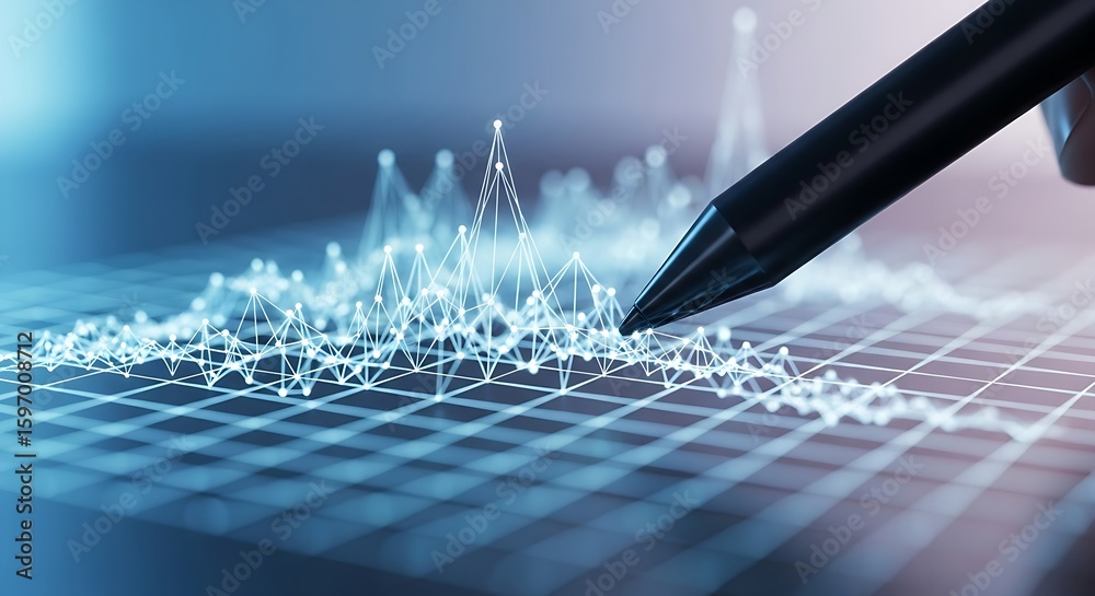 Poster a pen hovering over a grid with a network diagram in a blue and white color scheme analysis concept