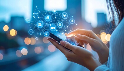 Woman Interacting with Network of Social Media Icons on Mobile Device, Conceptual Image of Social Media Connectivity and Technologies