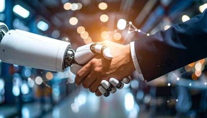 Human and Robot Handshake, Collaboration and Cooperation, Artificial Intelligence and Business Partnership, Future Technology and Innovation