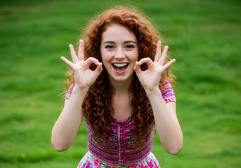 Happy young woman with red curly hair showing OK sign outdoors in a green field, positive expression.