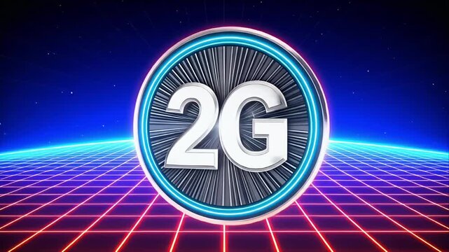 A shiny 3D "2G" in a futuristic, neon grid landscape
