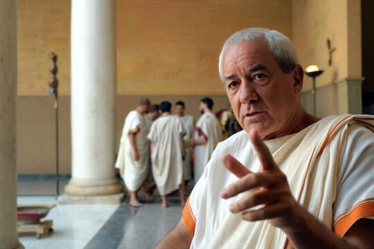 An elderly roman senator in a toga speaks passionately to a group in a historical Roman interior, marked by marble columns and warm tones. Generative AI.