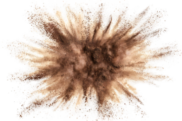 Dynamic explosion of fine brown powder particles creates a captivating abstract effect, ideal for adding visual impact to designs and artistic projects, conveying power and energy.