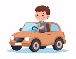Fototapeta premium Cartoon Boy Driving a Tan Car with Blue Windows on White Background