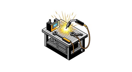 Welding equipment on a workbench with sparks flying during a metalworking process.