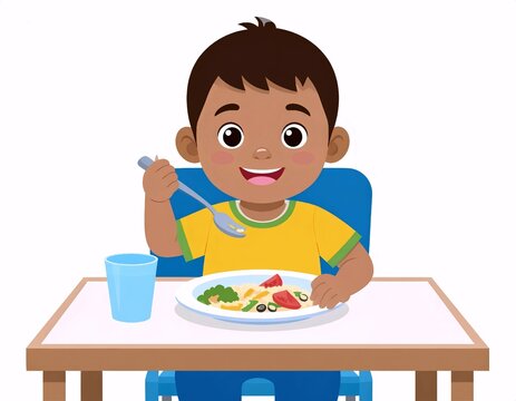 Joyful Boy Eating Healthy Meal at Table, Cartoon Illustration