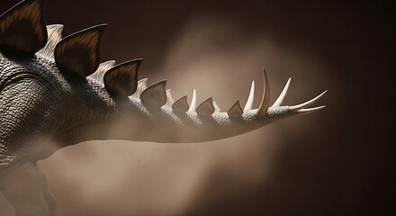 Close-up of a dinosaur's spiky tail, shrouded in dust.
