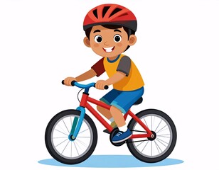 Fototapeta premium Smiling Cartoon Boy in Red Helmet Joyfully Riding a Red Bicycle, Isolated Vector Illustration of Happy Child Cycling